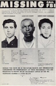 The 1964 FBI missing persons poster showing civil rights workers Andrew Goodman, James Chaney and Michael Schwerner.