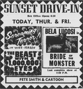 A 1956 drive-in ad with Bride of the Monster supporting The Beast with a Million Eyes.