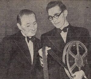 William Hartnell making a personal appearance at the showing of the film Murder in Reverse at the Regal and Coliseum cinemas in Glasgow on 29 October 1945. On the right is the manager of the Coliseum. 